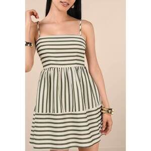 Lulus Yamila Olive Striped Textured Cutout Mini Dress Green - Size L